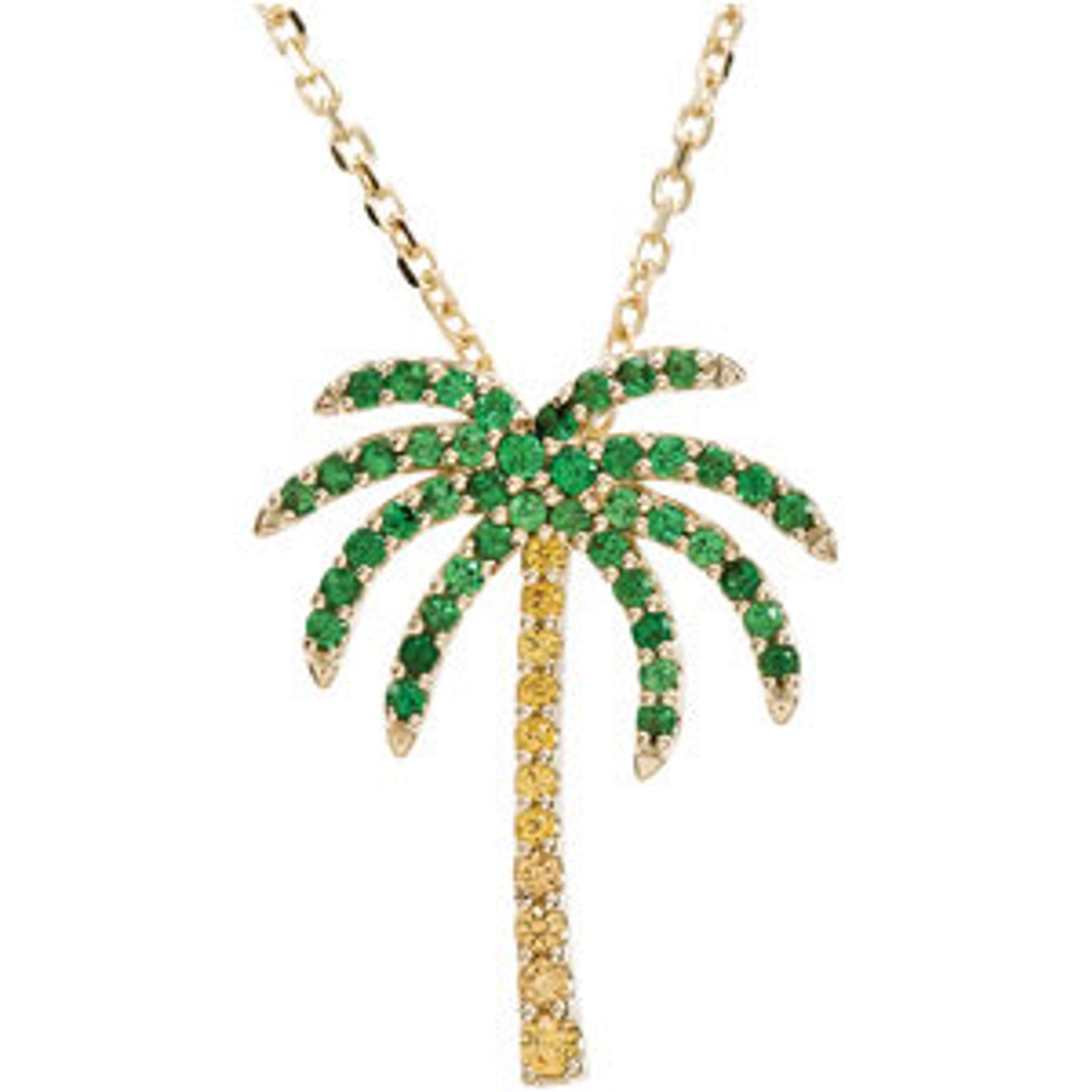 14K Yellow Gold Natural Tsavorite Garnet  Natural Yellow Sapphire Palm Tree 18" Necklace