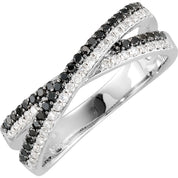14K White Gold 3/8 CTW Natural Black  White Diamond Criss-Cross Ring